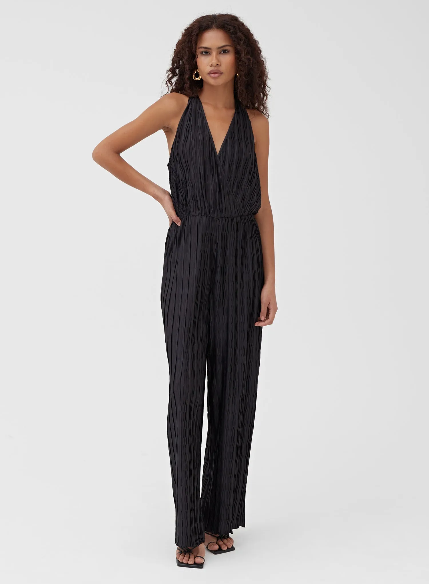 Black Halterneck Plisse Wide Leg Jumpsuit – Jenna sold by 4th and Reckless