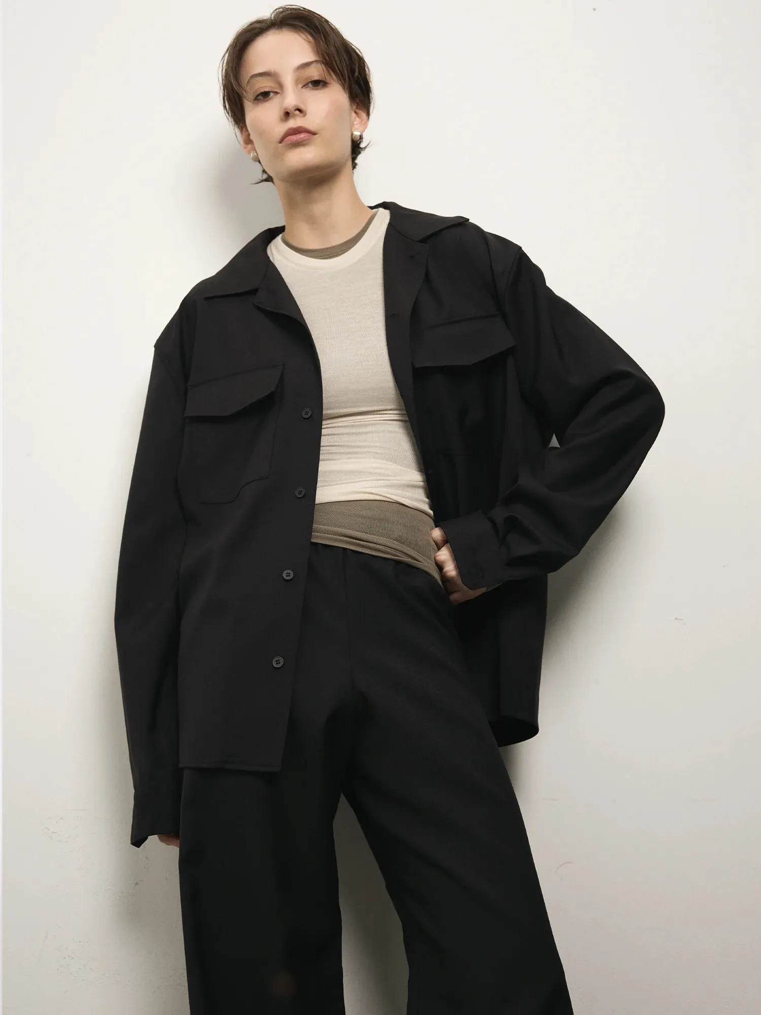 Elemental Boxy Wool Shirt | Black sold by Paris Georgia