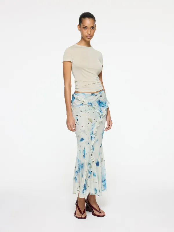 Romantic Ruffle Midi Skirt | Ocean Veil Print made by Paris Georgia