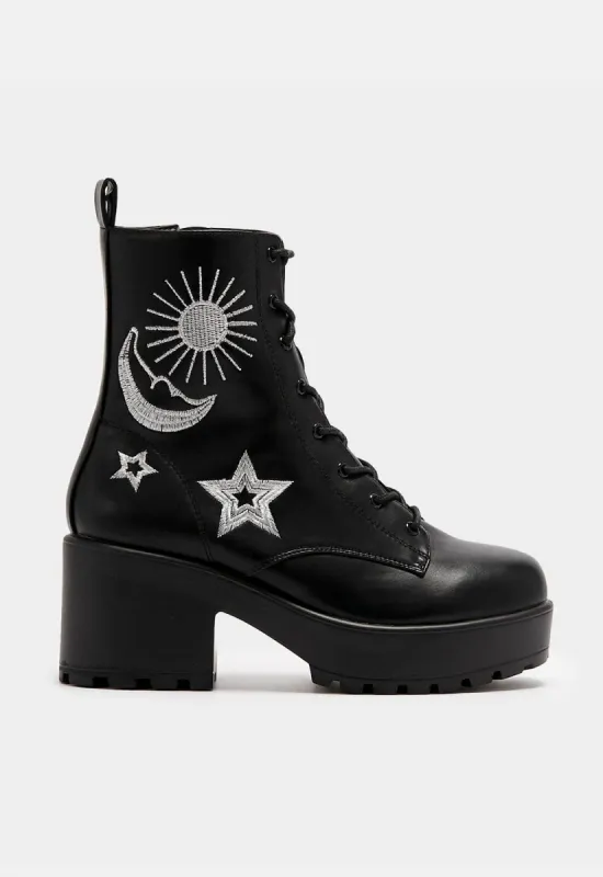 Astro Silver Star And Moon Chunky Boots sold by Damaged Society