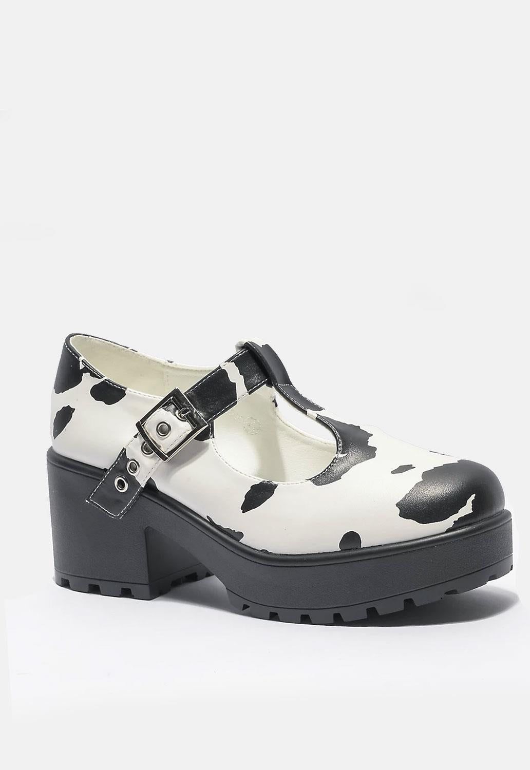 Nettie Cow Print Mary Janes sold by Damaged Society