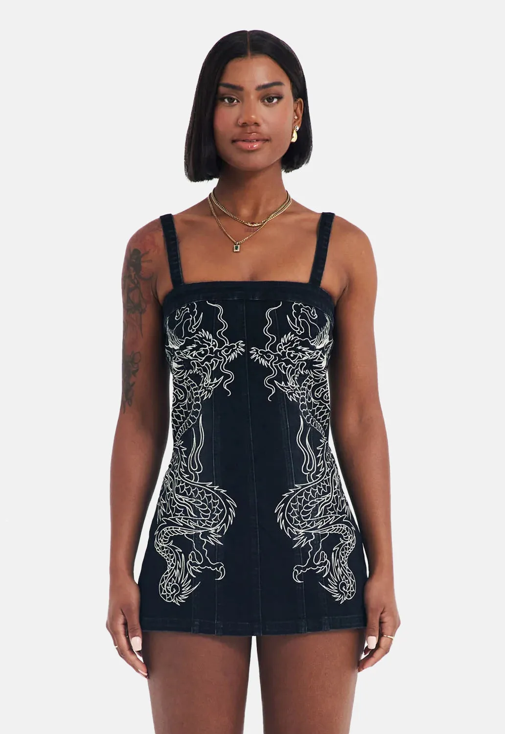 Dragon Flame Denim Mini Dress sold by Damaged Society