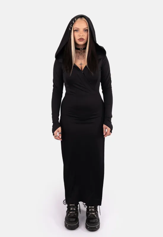 【Rest&Recreation】25SS/韓国人気 ★ HOOD MAXI DRESS ★ Echo Hooded Slit Maxi Dress - Black | Parallel