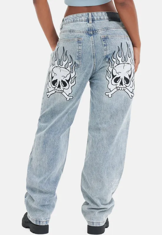 Flaming Skull Relax Denim Jeans sold by Damaged Society