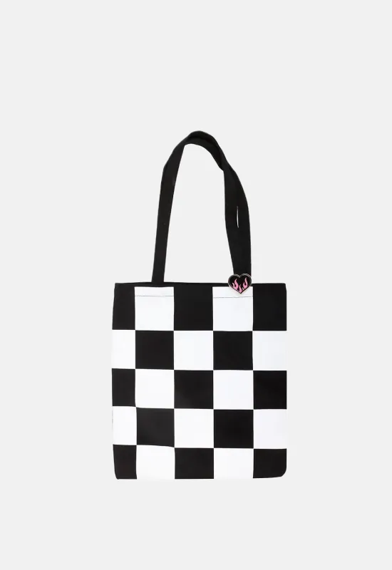 Checkered Pin Badge Tote Bag sold by Damaged Society