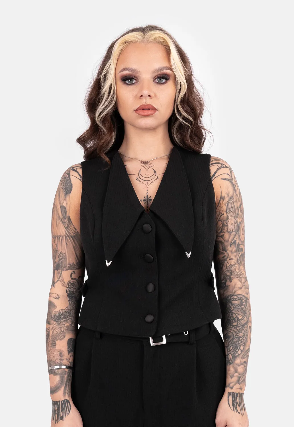 Reena Crop Button Up Vest sold by Damaged Society