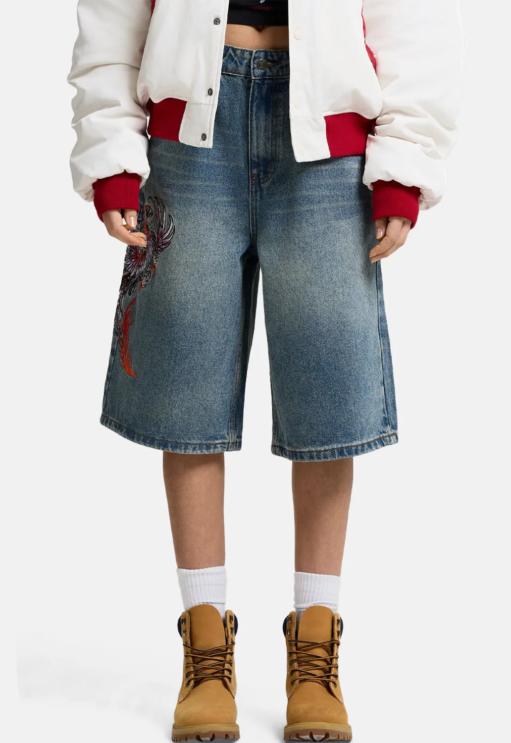Rising Phoenix Embroidered Jorts sold by Damaged Society