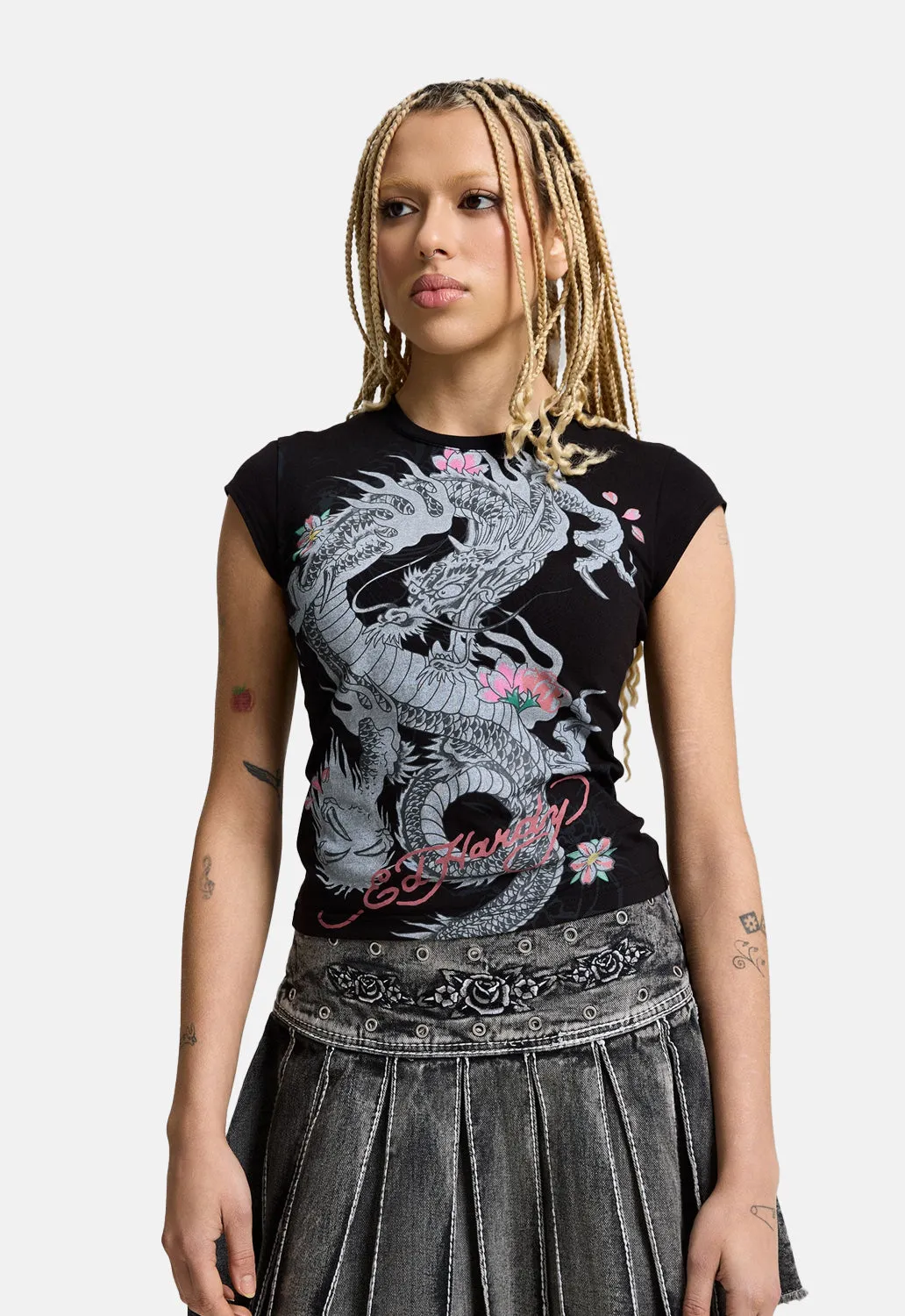 Dragon Floral Cap Sleeve Tee sold by Damaged Society