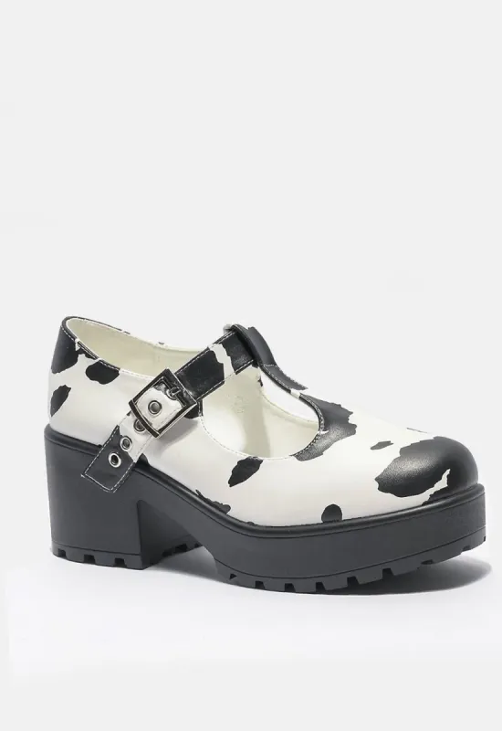 Nettie Cow Print Mary Janes sold by Damaged Society