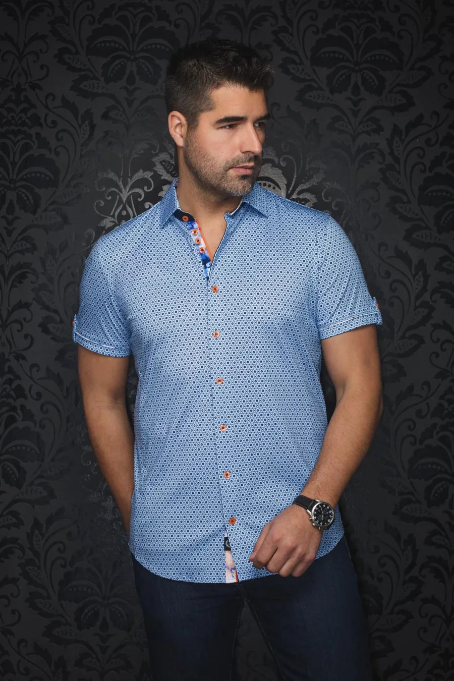 AU NOIR SHORT SLEEVE SHIRT- OSLIN Lt. Blue sold by Esco Clothiers