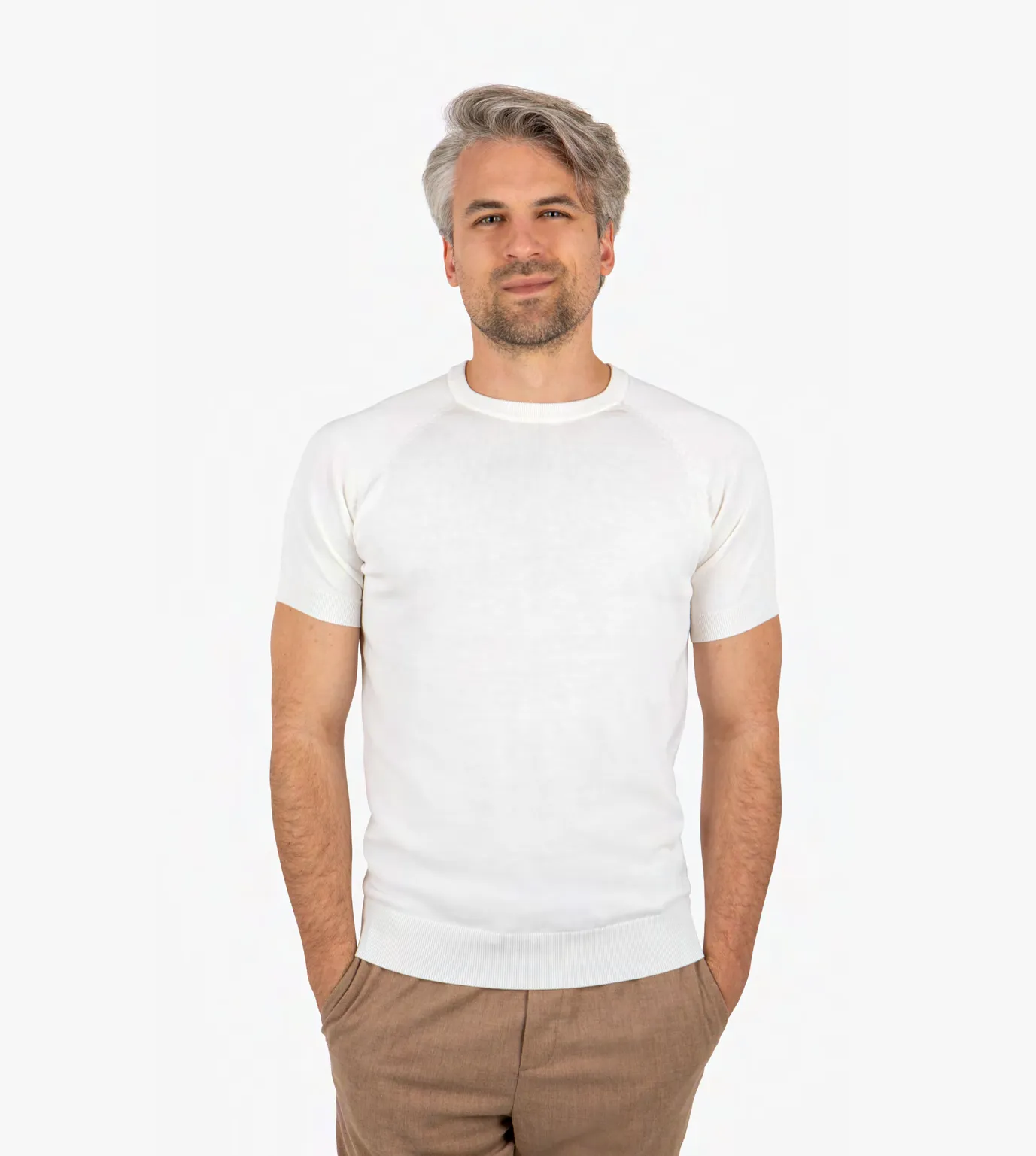 Liam Daniel White Cotton Silk Round Neck Polo - Slim Fit sold by Esco Clothiers