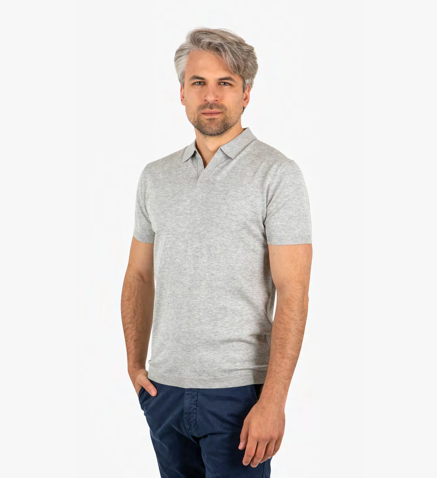 LIAM DANIEL S/S POLO- OPEN V-COLLAR, Grey sold by Esco Clothiers