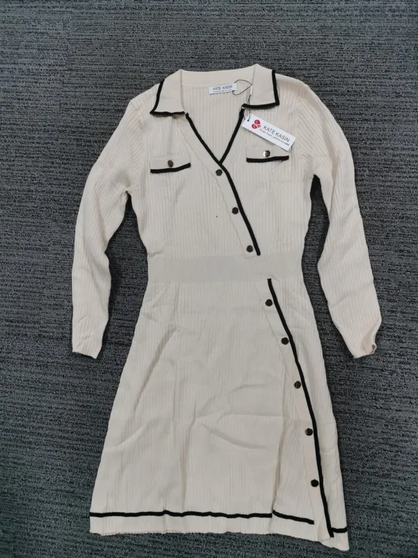 Kate Kasin Women's Button Ribbed Knit Sweater Dress Long Sleeve V Neck Mini Dress sold by Kate Kasin