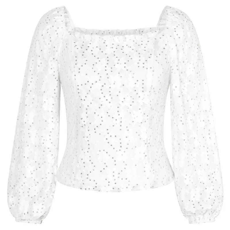 KK Women Lace Party Tops Long Sleeve Square Neck Cropped Pullover Tops sold by Kate Kasin