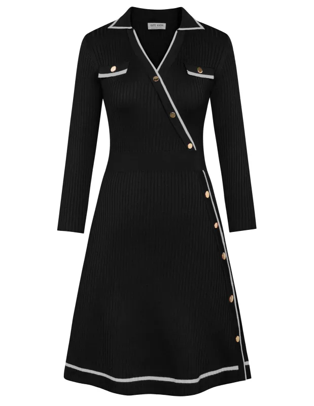 KK Women Contrast Color Sweater Dress Lapel Collar V-Neck Knitted A-Line Dress sold by Kate Kasin
