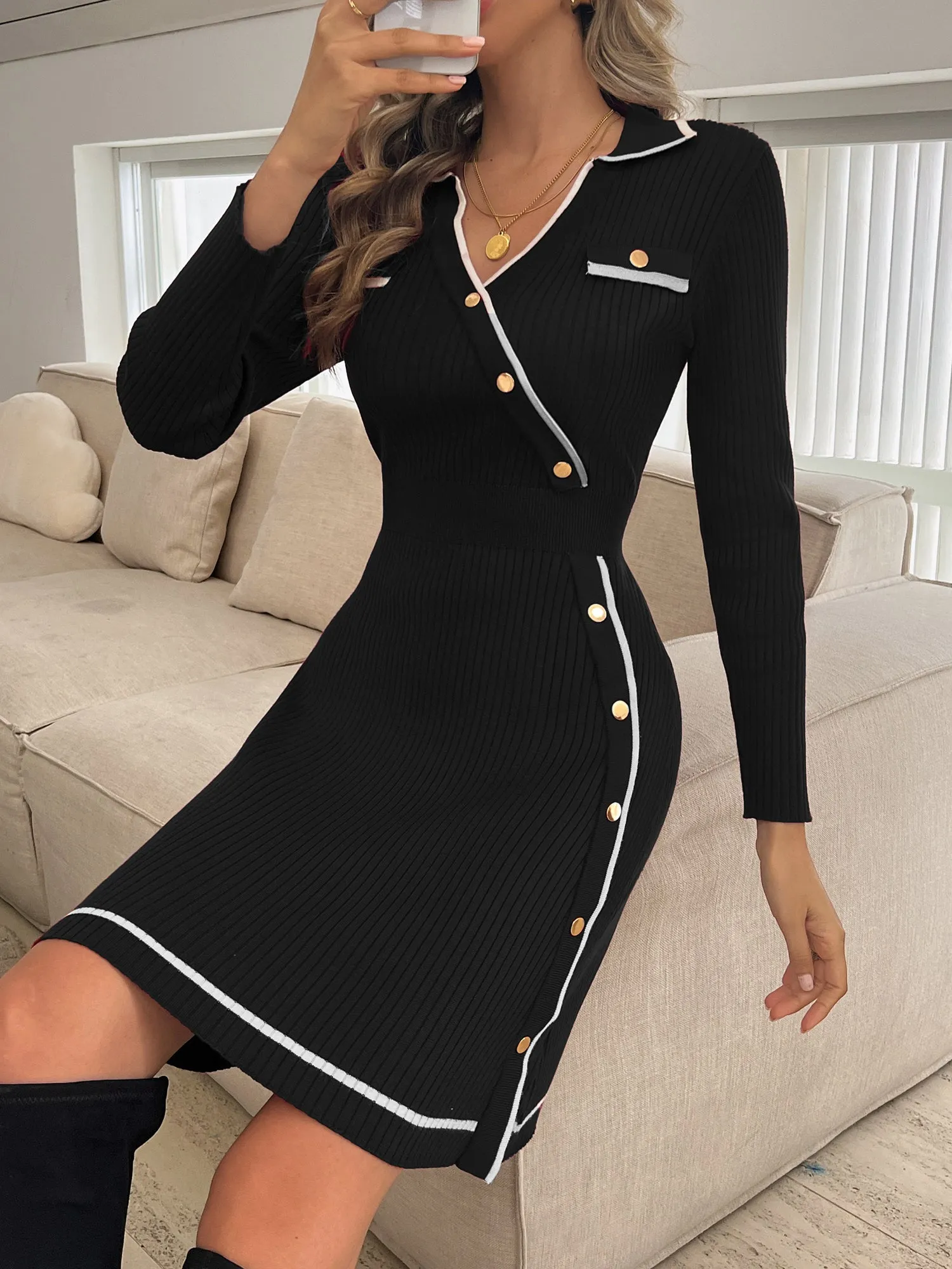 KK Women Contrast Color Sweater Dress Lapel Collar V-Neck Knitted A-Line Dress sold by Kate Kasin product image thumbnail 3