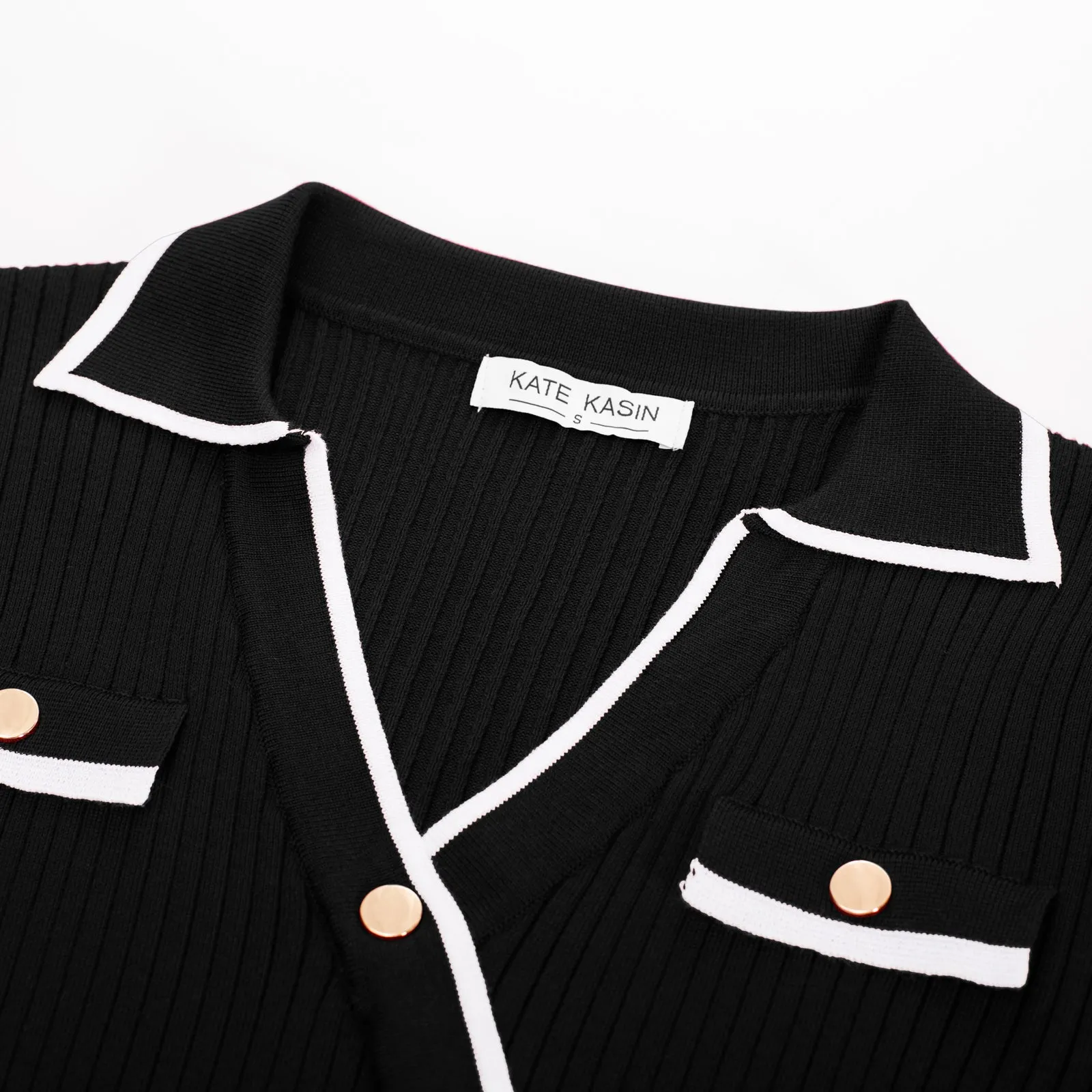 KK Women Contrast Color Sweater Dress Lapel Collar V-Neck Knitted A-Line Dress sold by Kate Kasin product image thumbnail 5
