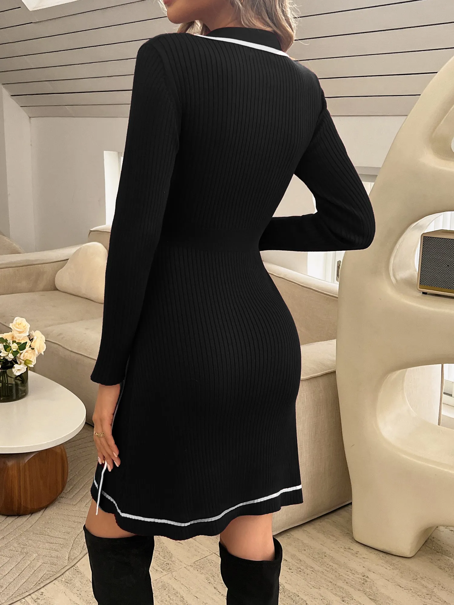 KK Women Contrast Color Sweater Dress Lapel Collar V-Neck Knitted A-Line Dress sold by Kate Kasin product image thumbnail 4