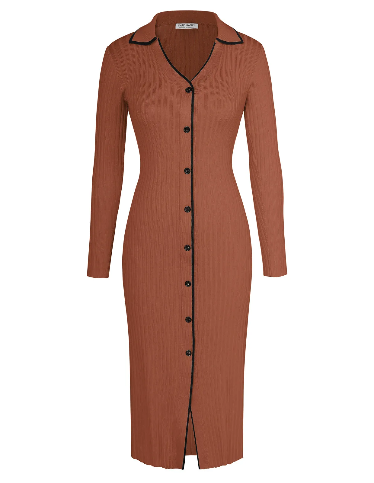 KK Women Lapel Collar Sweater Dress Long Sleeve V-Neck Knitted Bodycon Dress sold by Kate Kasin product image thumbnail 4