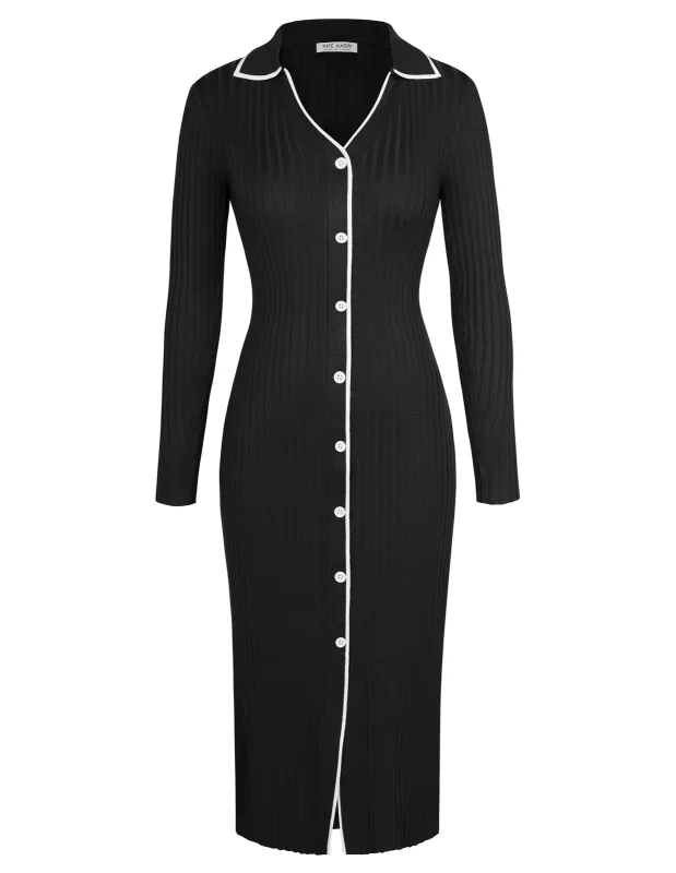 KK Women Lapel Collar Sweater Dress Long Sleeve V-Neck Knitted Bodycon Dress made by Kate Kasin