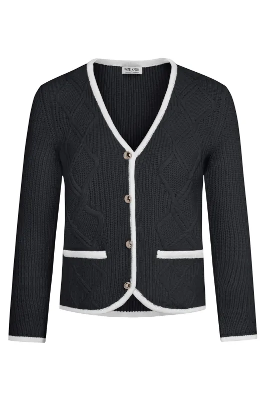 Women Contrast Color Cardigan Long Sleeve V-Neck Button-up Sweater made by Kate Kasin