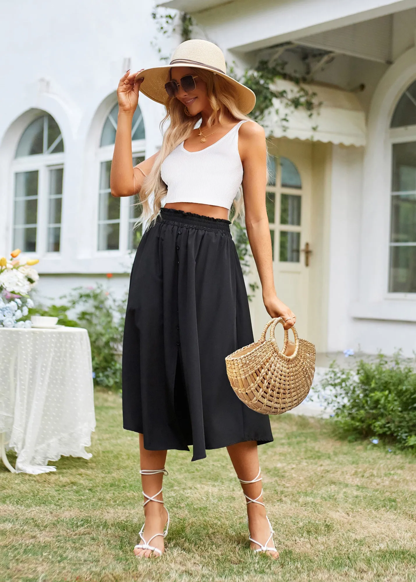 Women Front Slit Skirt High Waist Irregular Hem Below Mid-Calf A-Line Skirt sold by Kate Kasin product image thumbnail 2