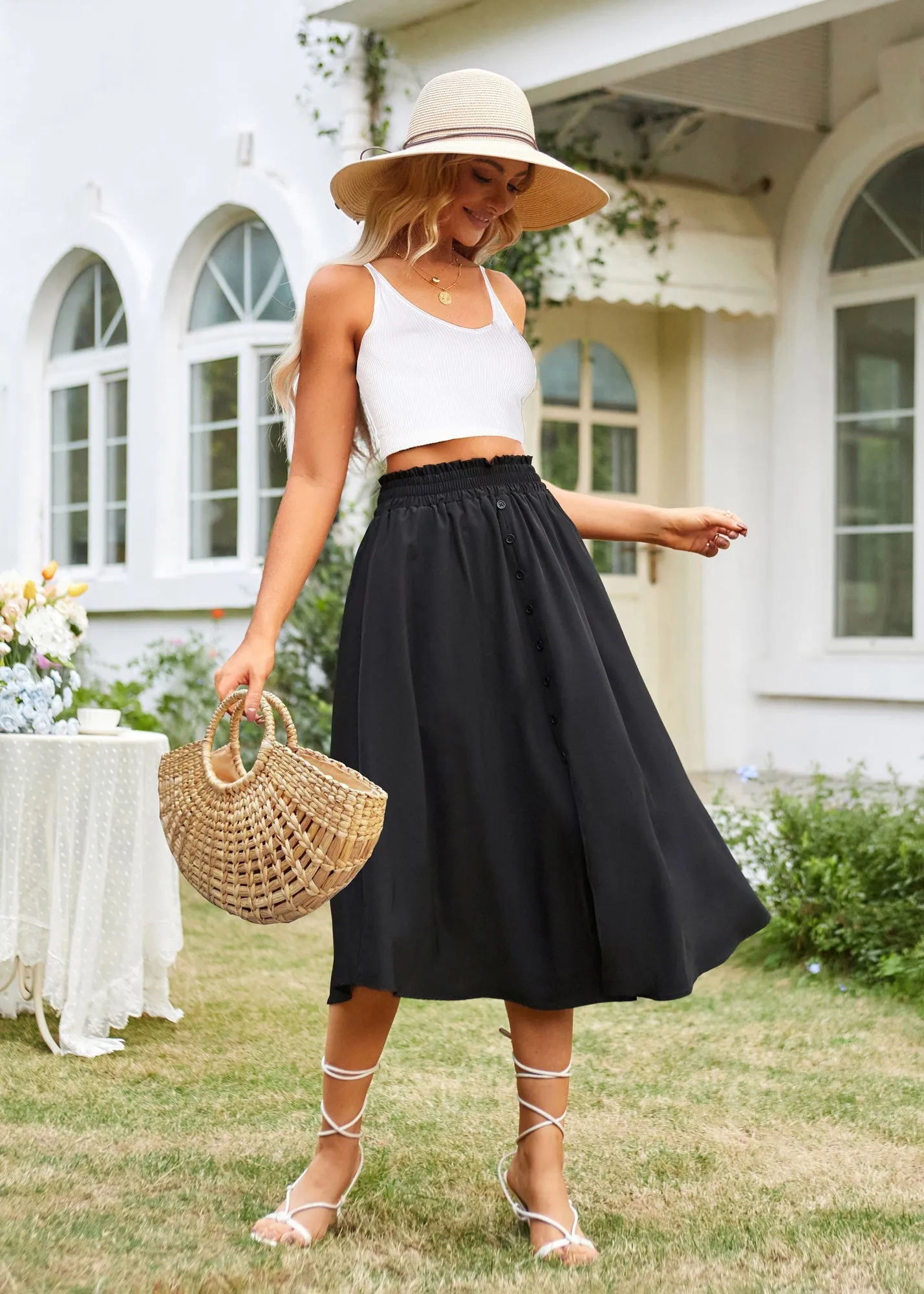 Women Front Slit Skirt High Waist Irregular Hem Below Mid-Calf A-Line Skirt sold by Kate Kasin product image thumbnail 4
