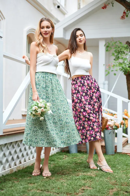 KK Women Front Slit Swing Skirt Elastic High Waist Below Mid-Calf A-Line Skirt sold by Kate Kasin