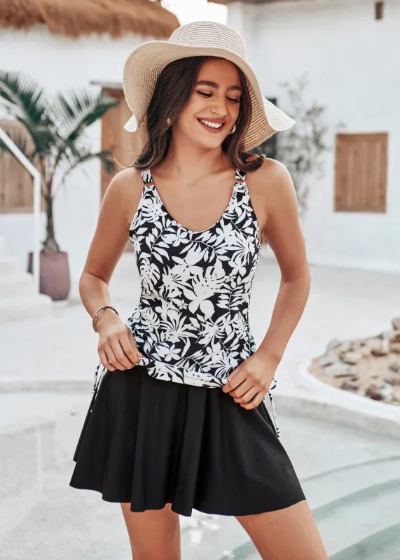 KK Women 2pcs Set Swimsuit V-Neck Ruched Padded Swim Tops+Swim Skirt with Briefs made by Kate Kasin