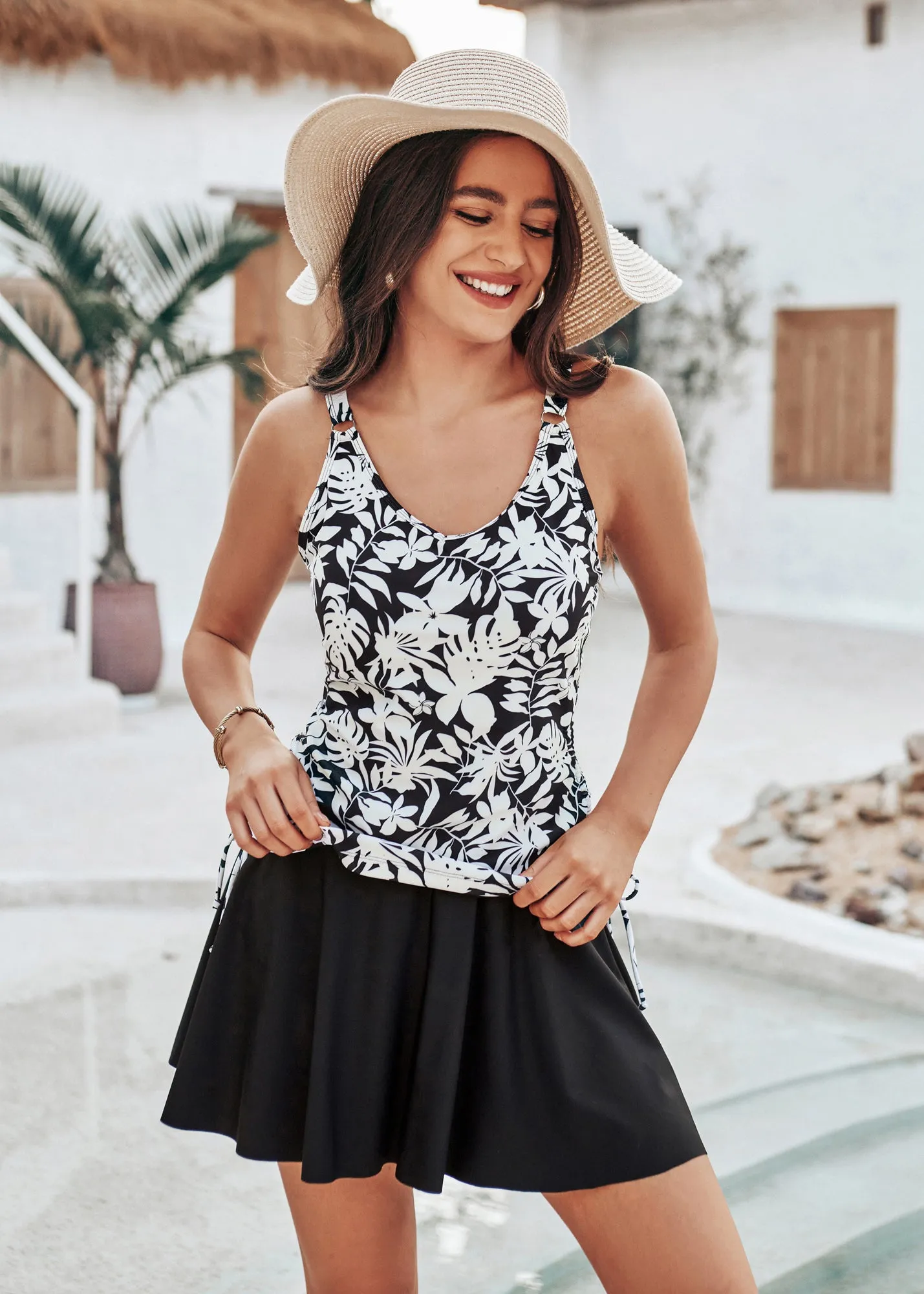 KK Women 2pcs Set Swimsuit V-Neck Ruched Padded Swim Tops+Swim Skirt with Briefs sold by Kate Kasin
