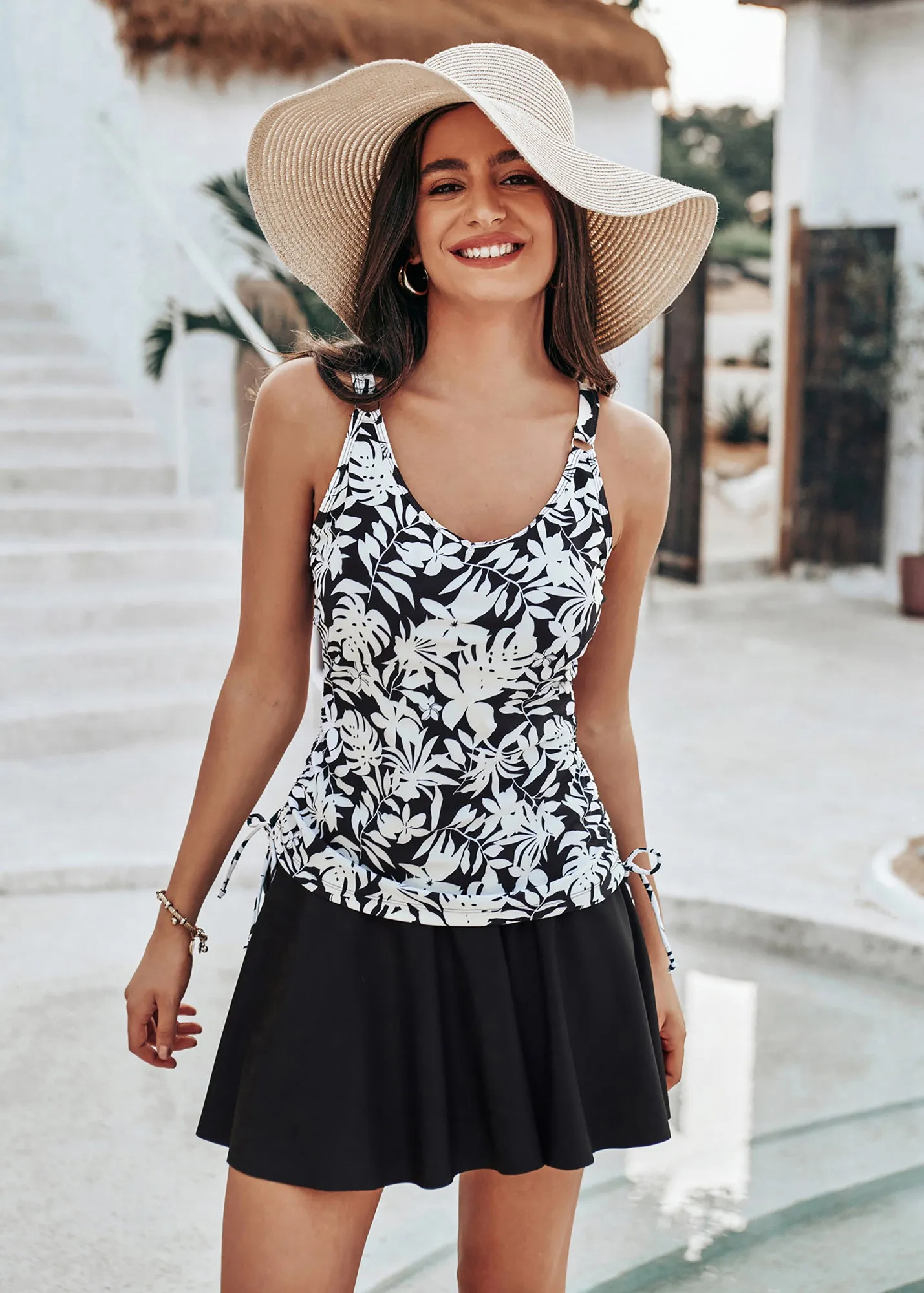 KK Women 2pcs Set Swimsuit V-Neck Ruched Padded Swim Tops+Swim Skirt with Briefs sold by Kate Kasin product image thumbnail 2