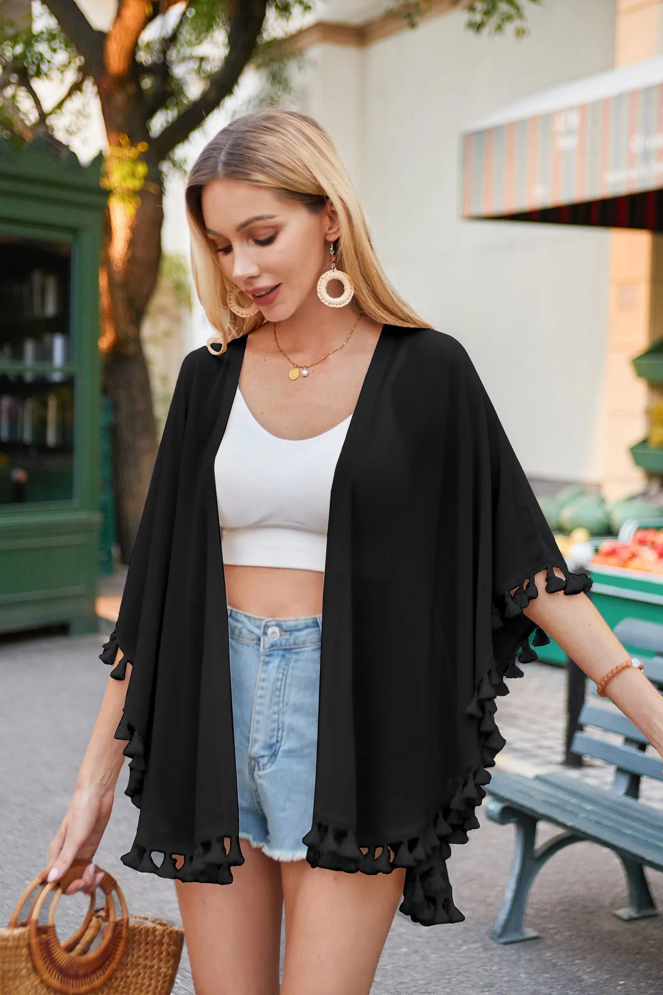 Women Semi See-Through Chiffon Cover-up 3/4 Sleeve Tassel Decorated Tops sold by Kate Kasin product image thumbnail 3