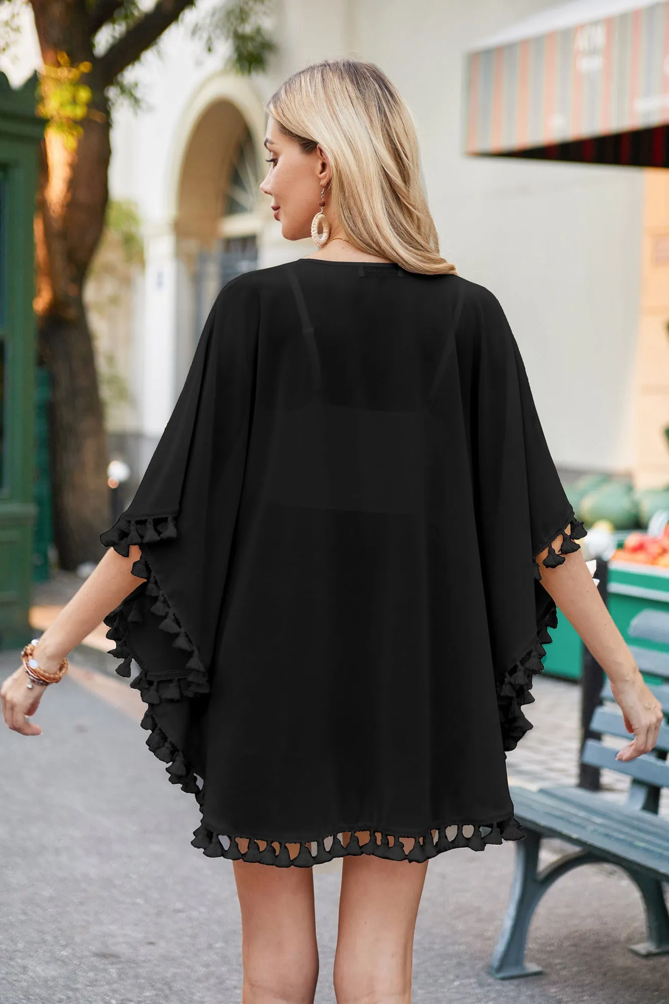 Women Semi See-Through Chiffon Cover-up 3/4 Sleeve Tassel Decorated Tops sold by Kate Kasin product image thumbnail 2