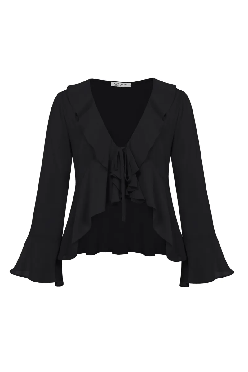 Women Chiffon Cover-up Tops 9/10 Bell Sleeve V-Neck Tie Front Tops sold by Kate Kasin product image thumbnail 4