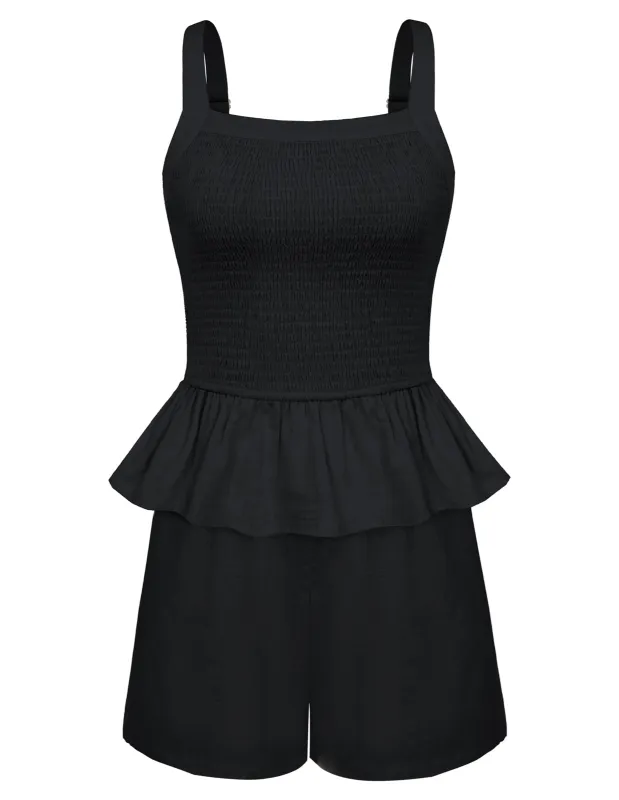 Women Cotton Outfits Casual Square Neck Smocked Tops+Elastic Waist Shorts sold by Kate Kasin