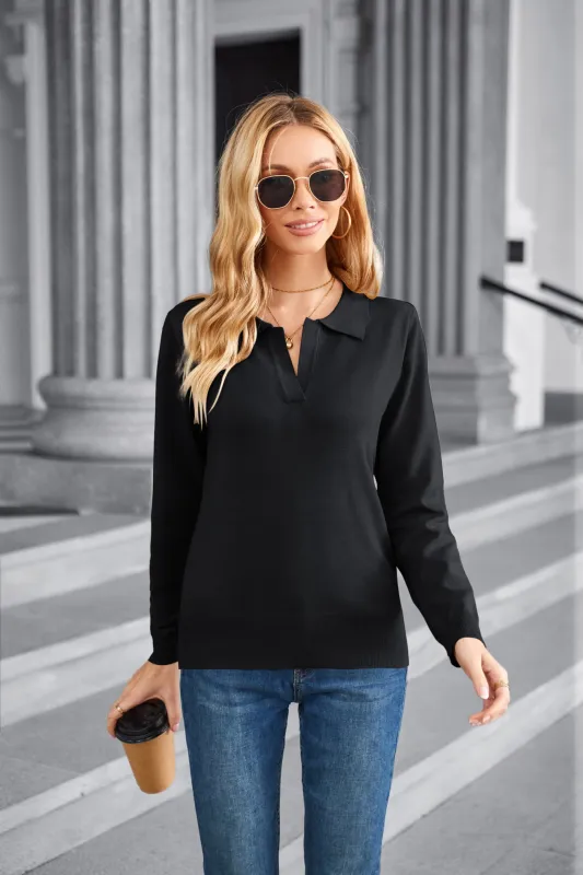 Women Short Sleeve Polo Sweater V Neck Knitted Tops Casual Ribbed Shirt Loose Pullover Sweater sold by Kate Kasin