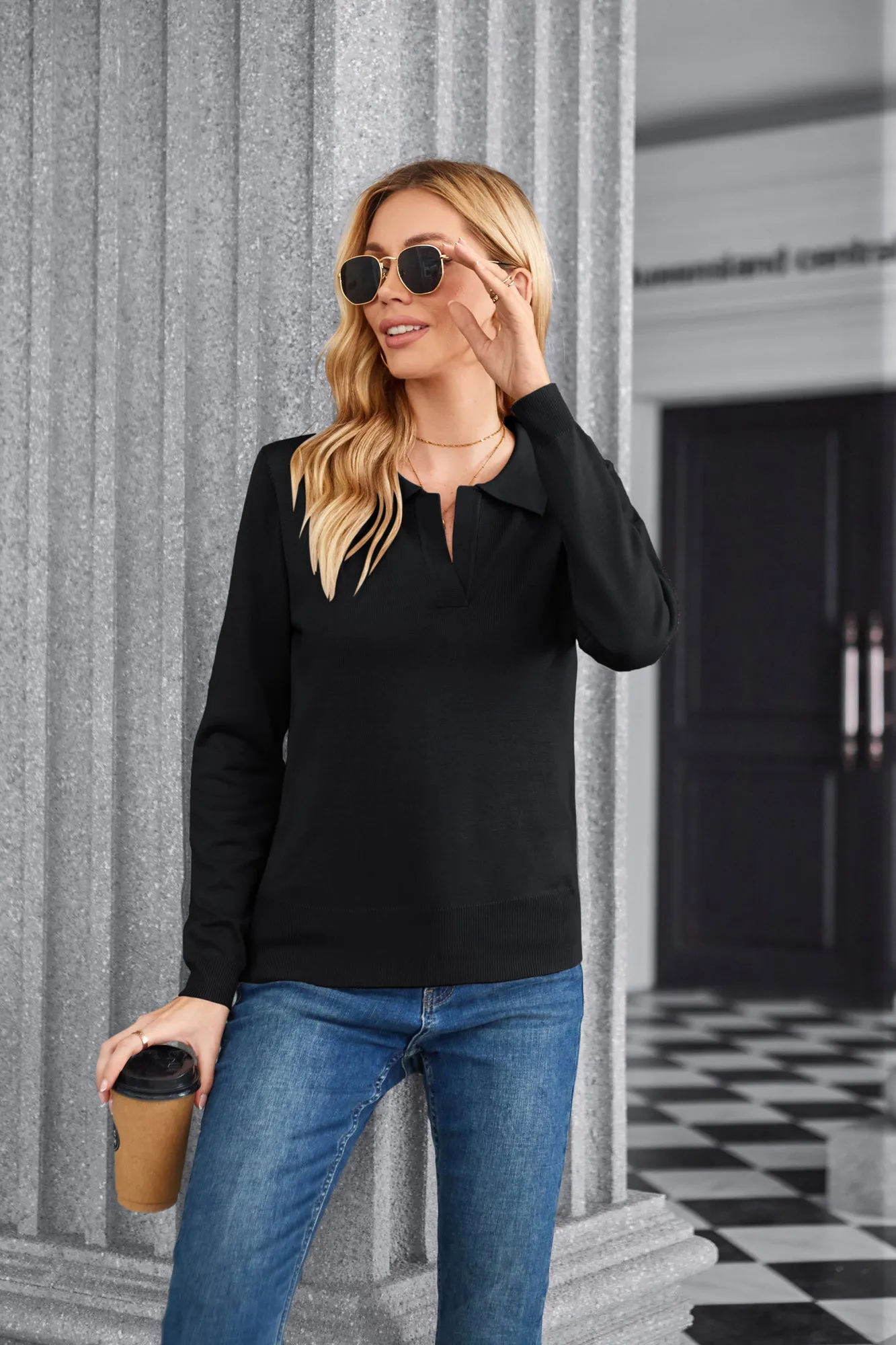 Women Short Sleeve Polo Sweater V Neck Knitted Tops Casual Ribbed Shirt Loose Pullover Sweater sold by Kate Kasin product image thumbnail 4