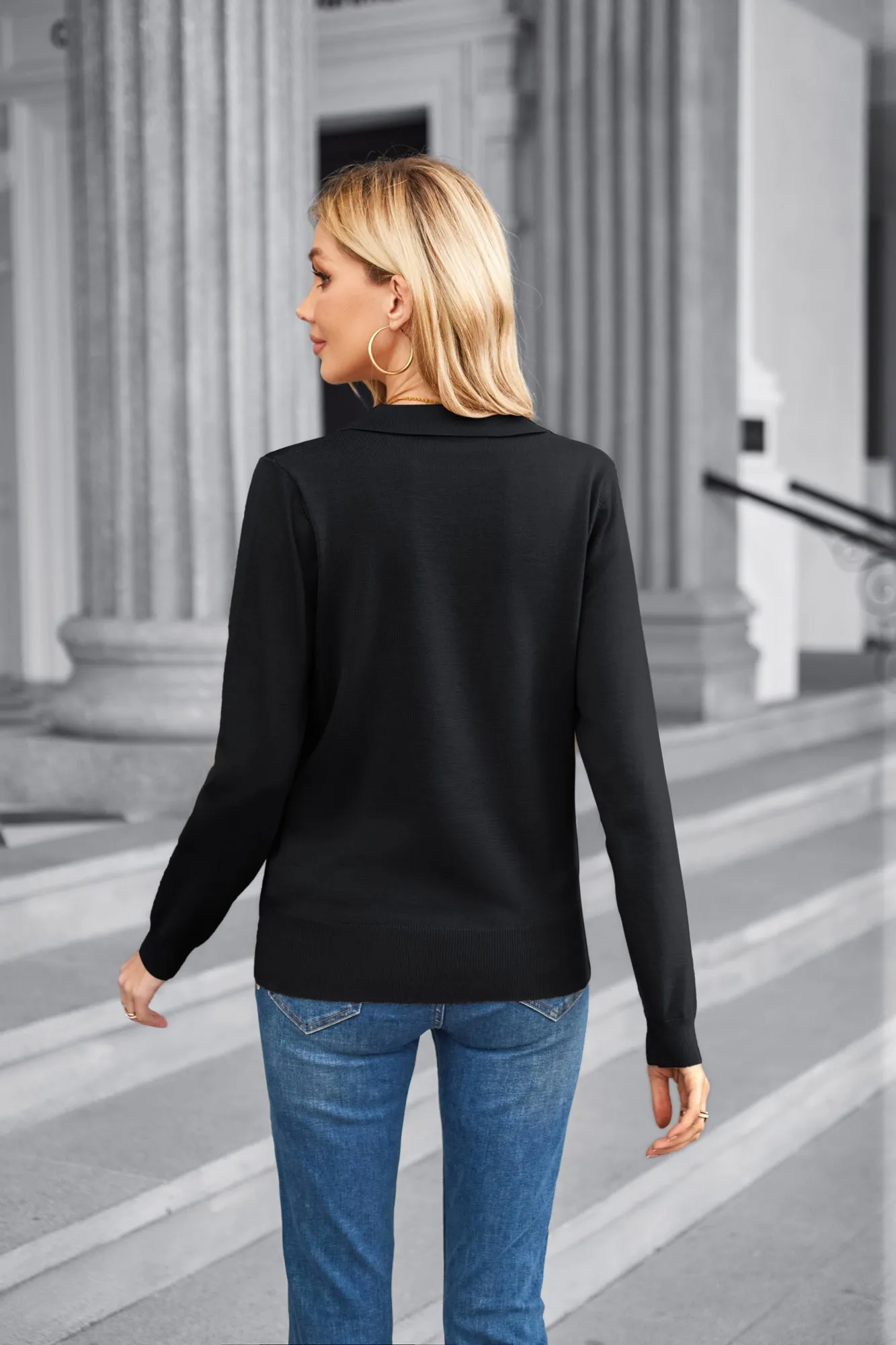 Women Short Sleeve Polo Sweater V Neck Knitted Tops Casual Ribbed Shirt Loose Pullover Sweater sold by Kate Kasin product image thumbnail 3