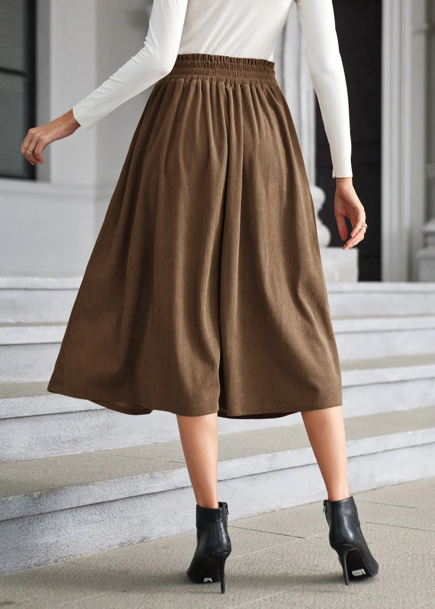 Women's High Waist Midi Skirt Vintage Elastic A-Line Pleated Button Skirts with Pockets sold by Kate Kasin product image thumbnail 5