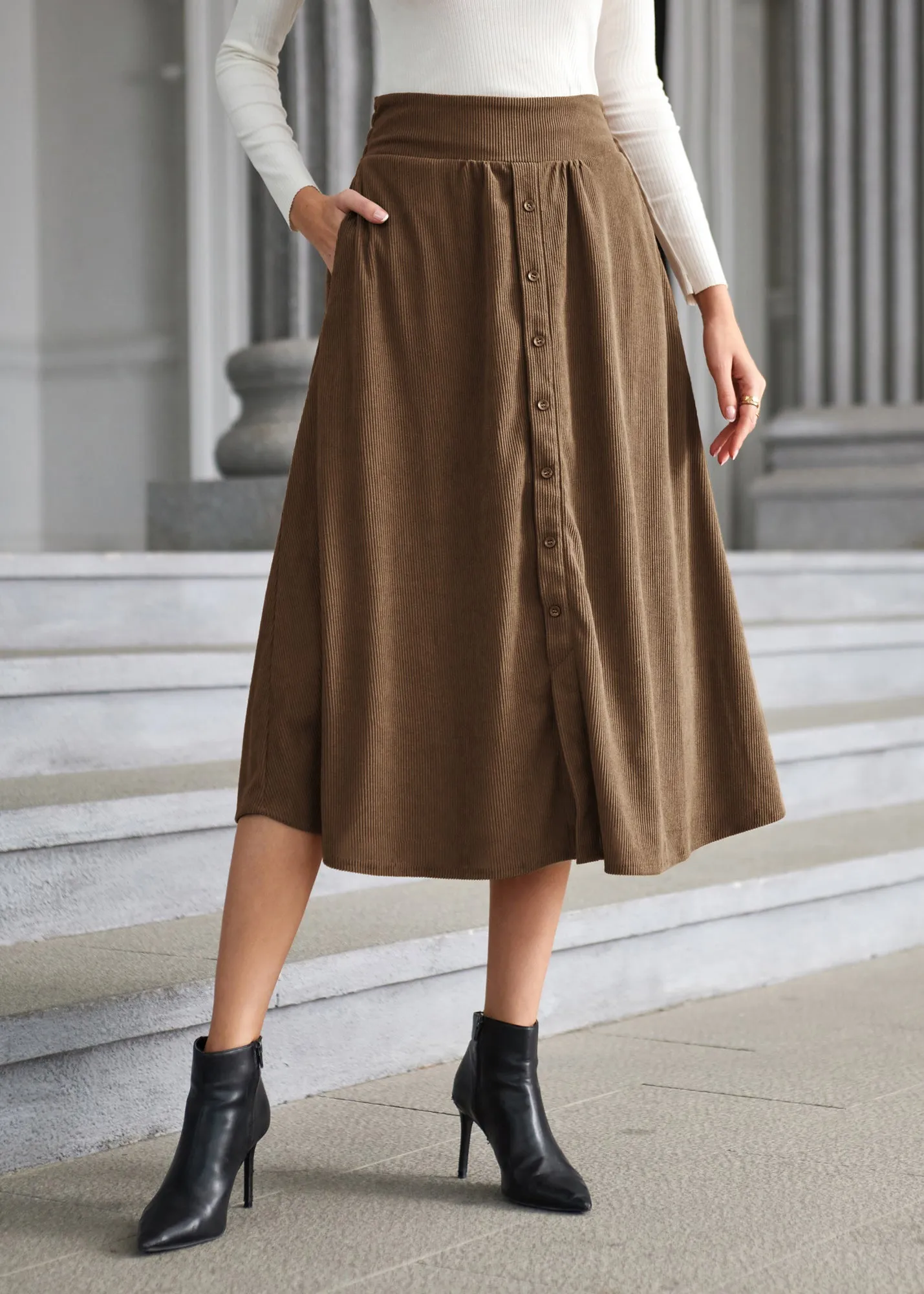 Women's High Waist Midi Skirt Vintage Elastic A-Line Pleated Button Skirts with Pockets sold by Kate Kasin product image thumbnail 4