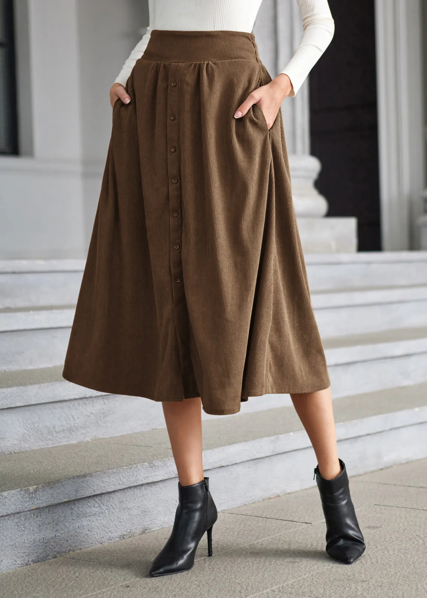 Women's High Waist Midi Skirt Vintage Elastic A-Line Pleated Button Skirts with Pockets sold by Kate Kasin product image thumbnail 3