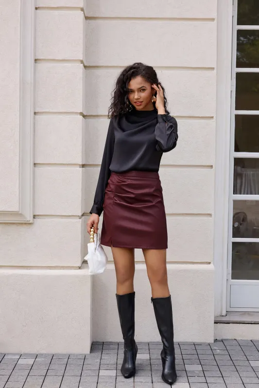 Women's Leather Skirts Front Slit Ruched Bodycon Mini Skirt High Waist PU Leather Skorts made by Kate Kasin
