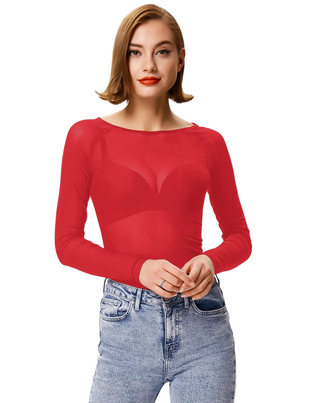 Women's Long Sleeve Scoop Neck See-through T-shirt Tops sold by Kate Kasin