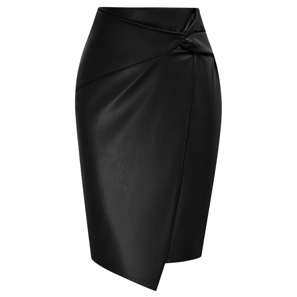 PU Leather Pencil Skirt Knee Length Knot-Front Hips-Wrapped Skirt sold by Kate Kasin product image thumbnail 3