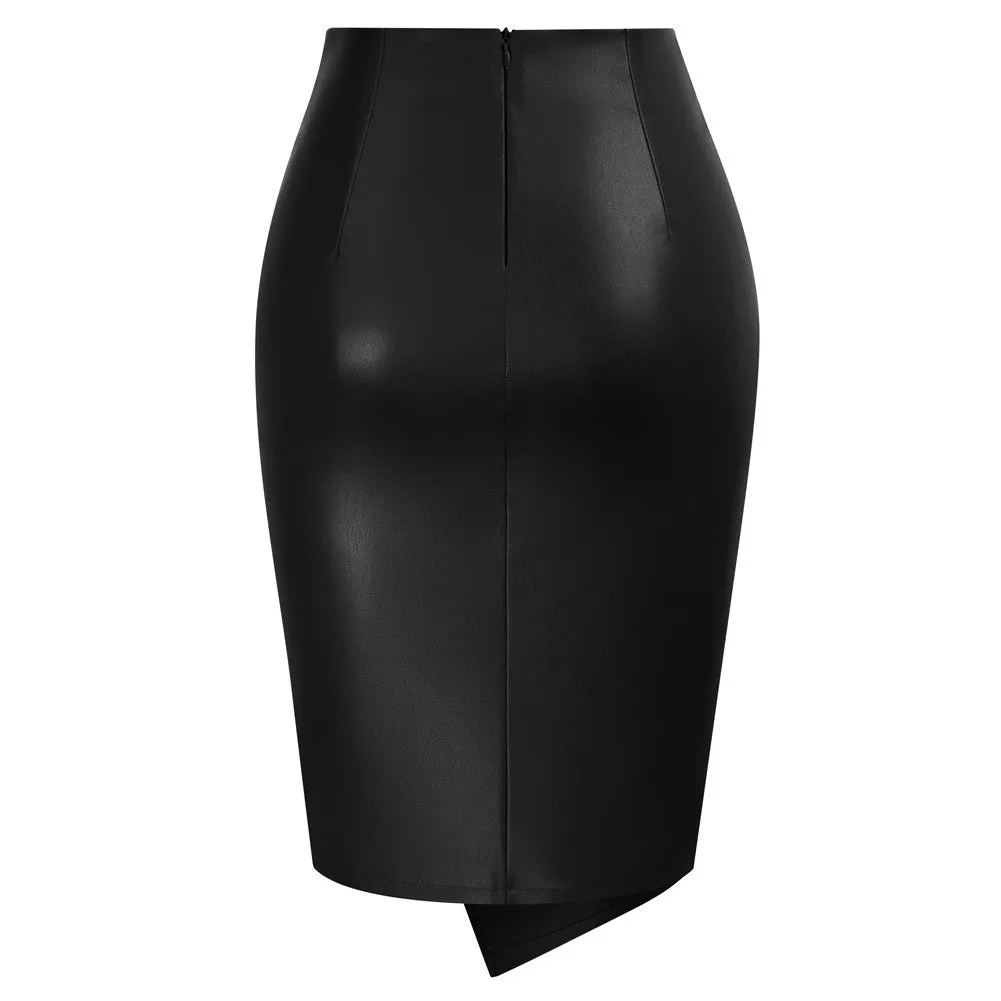 PU Leather Pencil Skirt Knee Length Knot-Front Hips-Wrapped Skirt sold by Kate Kasin product image thumbnail 4