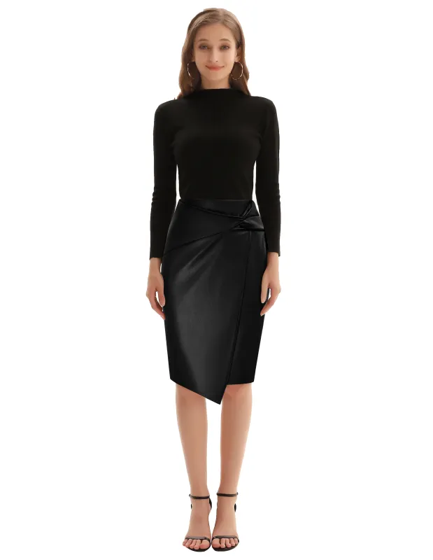 PU Leather Pencil Skirt Knee Length Knot-Front Hips-Wrapped Skirt sold by Kate Kasin