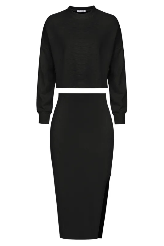 KK Women Outfits Long Sleeve Dropped Shoulder Cropped Tops+Left Slit Skirt made by Kate Kasin