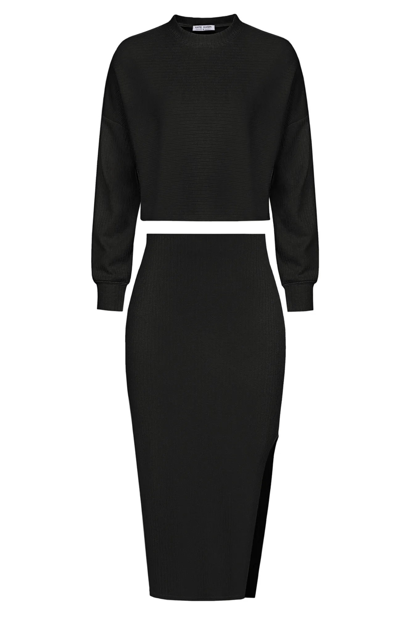 KK Women Outfits Long Sleeve Dropped Shoulder Cropped Tops+Left Slit Skirt sold by Kate Kasin
