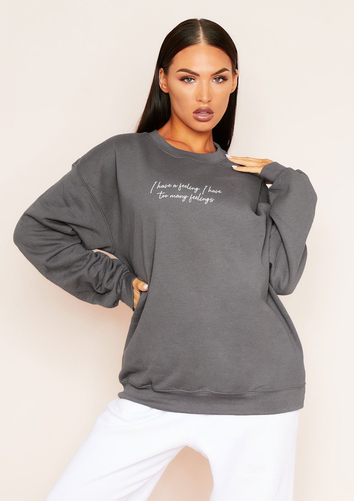 Carmen Charcoal "I Have A Feeling" Slogan Oversized Sweatshirt sold by Missy Empire