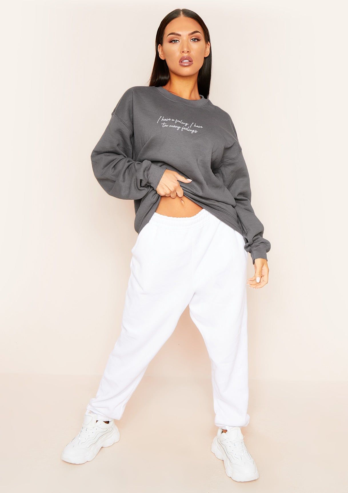 Carmen Charcoal "I Have A Feeling" Slogan Oversized Sweatshirt sold by Missy Empire product image thumbnail 2